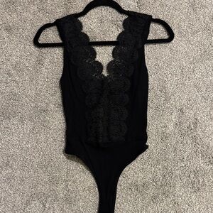 Lulu's Black Lace V-Neck Bodysuit
